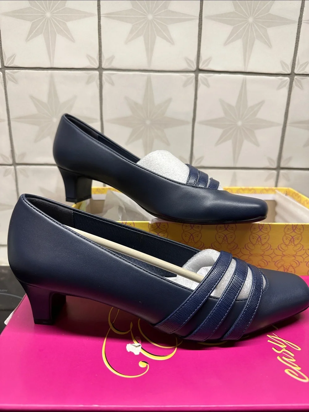 Easy Street Navy Low Block Heel Pumps with Textured Straps 7m Ladies NIB